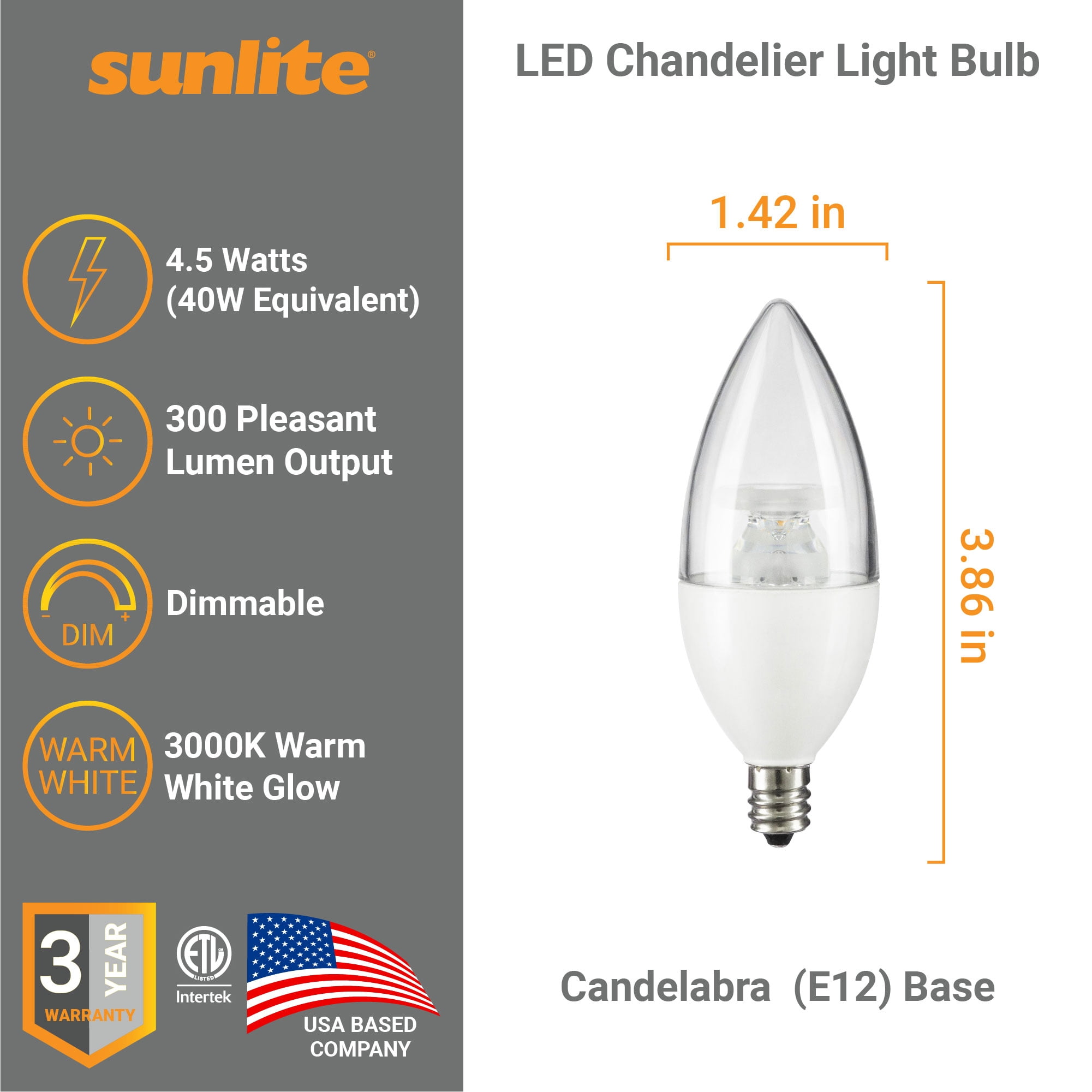 Sunlite LED B11 Clear Torpedo Tip Chandelier Light Bulb, 4.5 Watts (40W Equivalent), Candelabra E12 Base, Dimmable, 3000K Warm White, 6 Pack