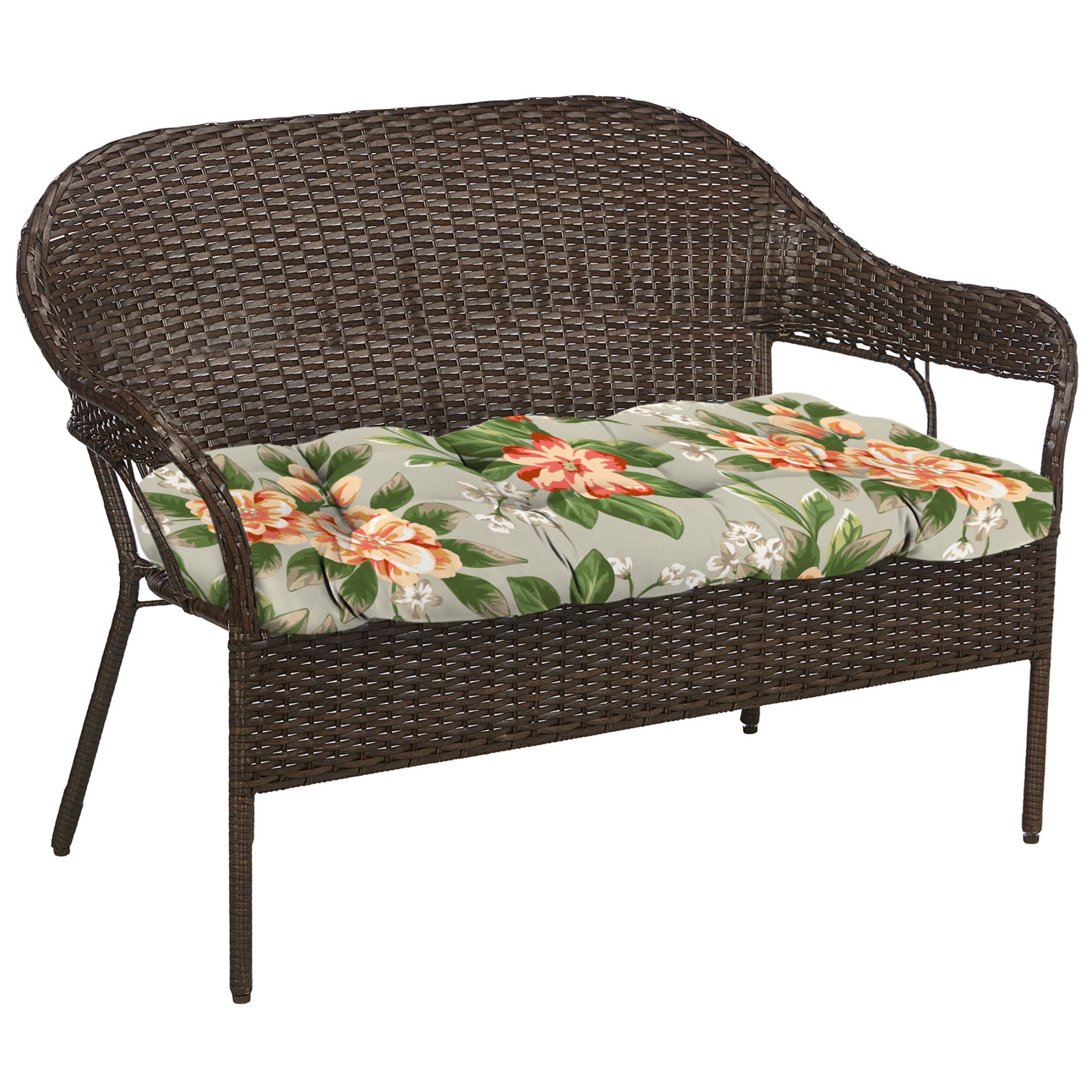 Jordan Manufacturing 44" x 18" Tori Cedar Grey Floral Rectangular Tufted Contoured Outdoor Wicker Settee Bench Cushion
