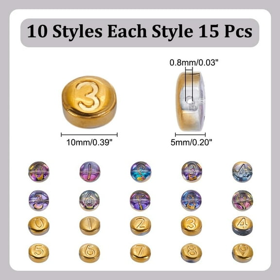 150 Pcs Glass Number Beads 10 Numbers 10mm Electroplate Beads Flat Round Small Loose Spacer Beads for DIY Jewelry Making Necklace Bracelet