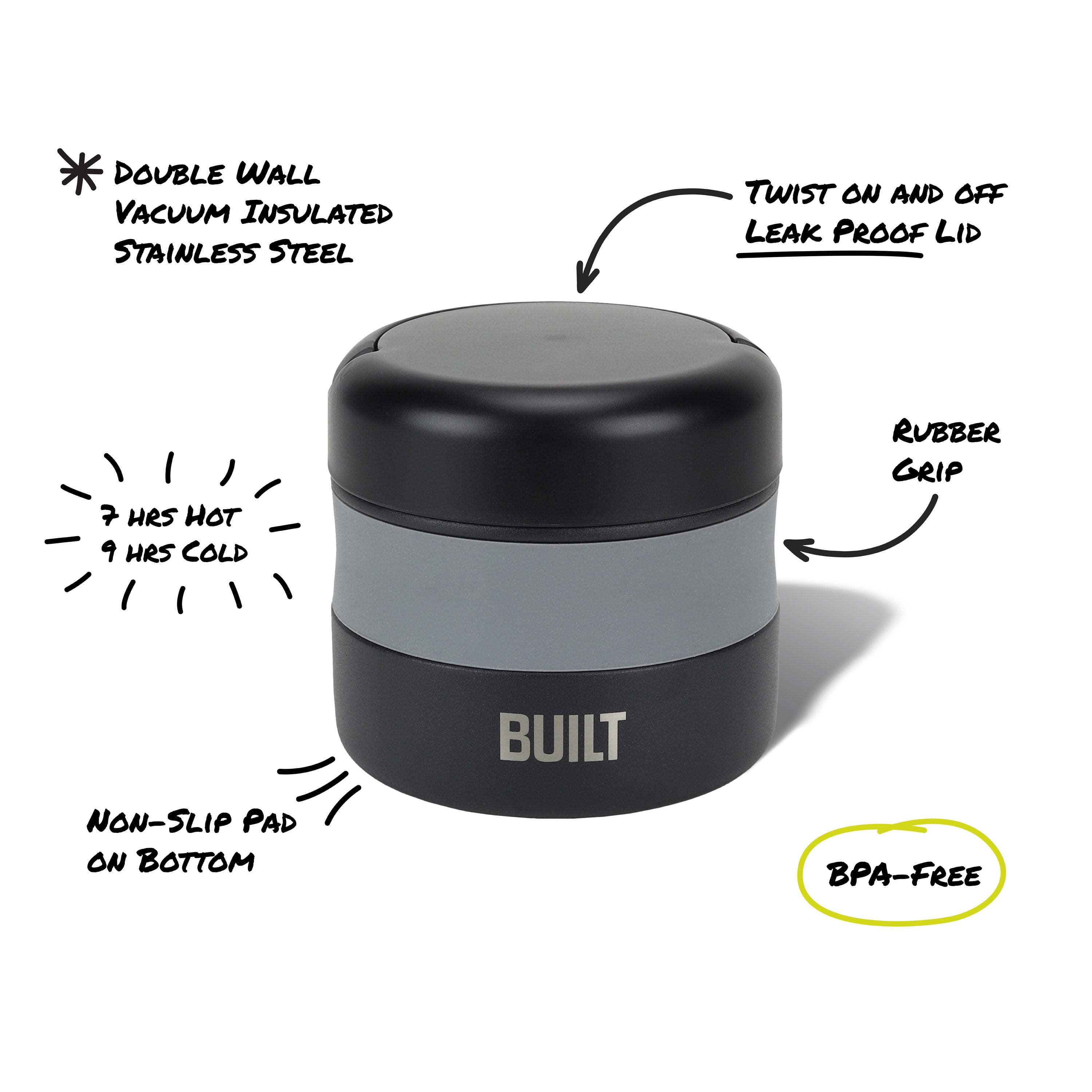 (3 pack) BUILT 12 oz Wide Mouth Vacuum Insulated Food Jar with Handle, Black and Gray, A Practical Choice for School Lunches and Activities to keep Meals Hot or Cold
