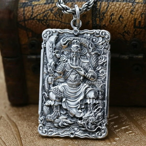 HOOUN Pure 999 Fine Silver Men Gift Lucky Best Guan Yu Dragon Oblong Pendant 31g