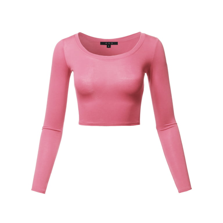 A2Y Women's Basic Solid Stretchable Scoop Neck Long Sleeve Crop Top Coral M