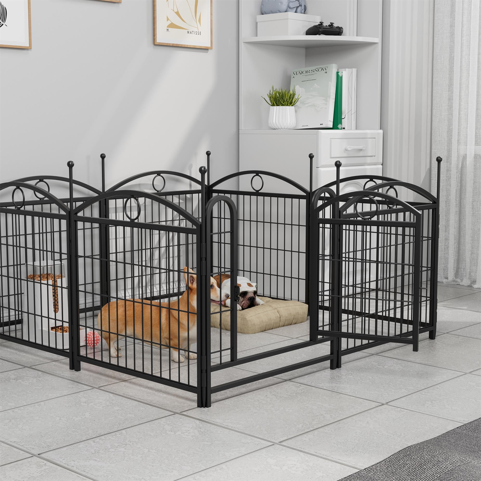 Pefilos Outdoor Dog Playpen with Doors, 24" 8 Panels Indoor Dog Fence Metal Dog Pen Pet Puppy Exercise Pen for RV Camping Garden Yard, Black