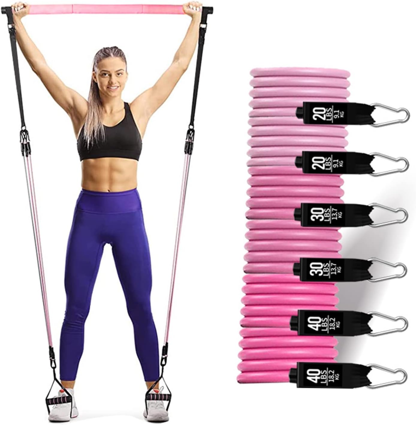Genreen 180lb Pilates Bar Kit with Resistance Bands Exercise Bands Workout Bands -  Indoor and Outdoor Bands with Door Anchor and Handles for Strength, Slim, Yoga, Home Gym Equipment for Men/Women