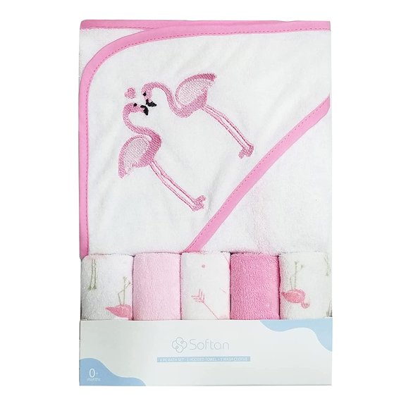 Softan Baby Hooded Bath Towel and Washcloths, Extra Soft and Ultra Absorbent, 6 Pack for Newborn and Infants, Flamingos