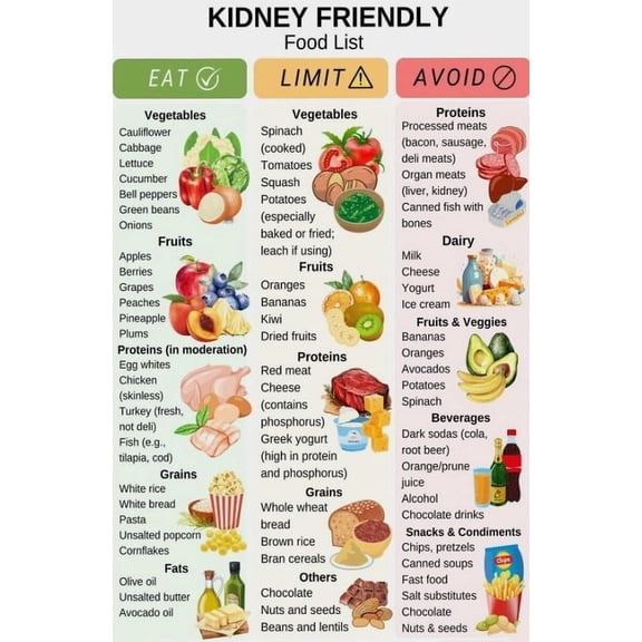 Kidney Friendly Food List Poster Suitable For Home Kitchen Dining Room Sanatorium Rehabilitation Centre Office Decor poster
