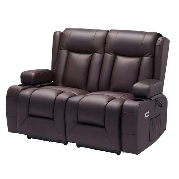 KFFKFF Dual Reclining Loveseat Sofa with Heating, Massage, USB Ports, Cup Holders, and Side Pockets - PU Leather Electric Couch for Living Room
