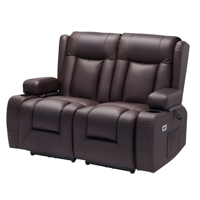 KFFKFF Loveseat Recliner Sofa, Power Reclining Couch with Heating & Massage and Timer, PU Leather Electric Recliner Sofa with USB Ports, Cup Holders and Side Bags