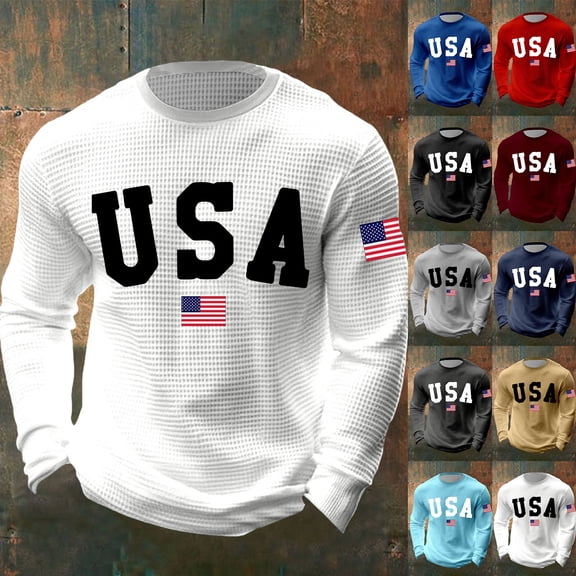 Mens Waffle Shirt Long Sleeve USA 250th Anniversary American Flag Print Casual Tee Top Independence Day Black XXXL
