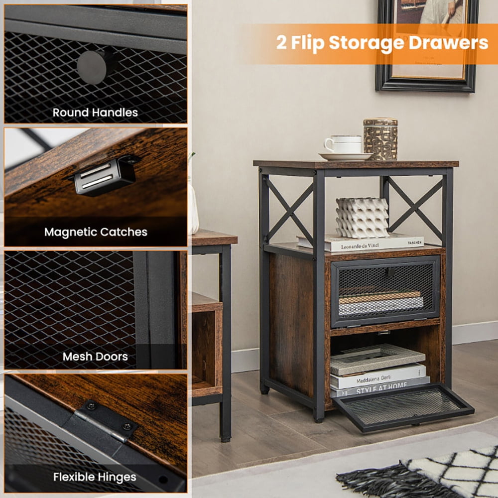Finihen Nightstand, End Table, Set of 2 Modern Nightstand with 2 Flip Drawers and Open Shelf, for Living Room, Bedroom, Rustic Brown Finihen Nightstand, End Table, Set of 2 Modern Nightstand with 2 Flip Drawers and Open Shelf, for Living Room, Bedroom, Rustic Brown
