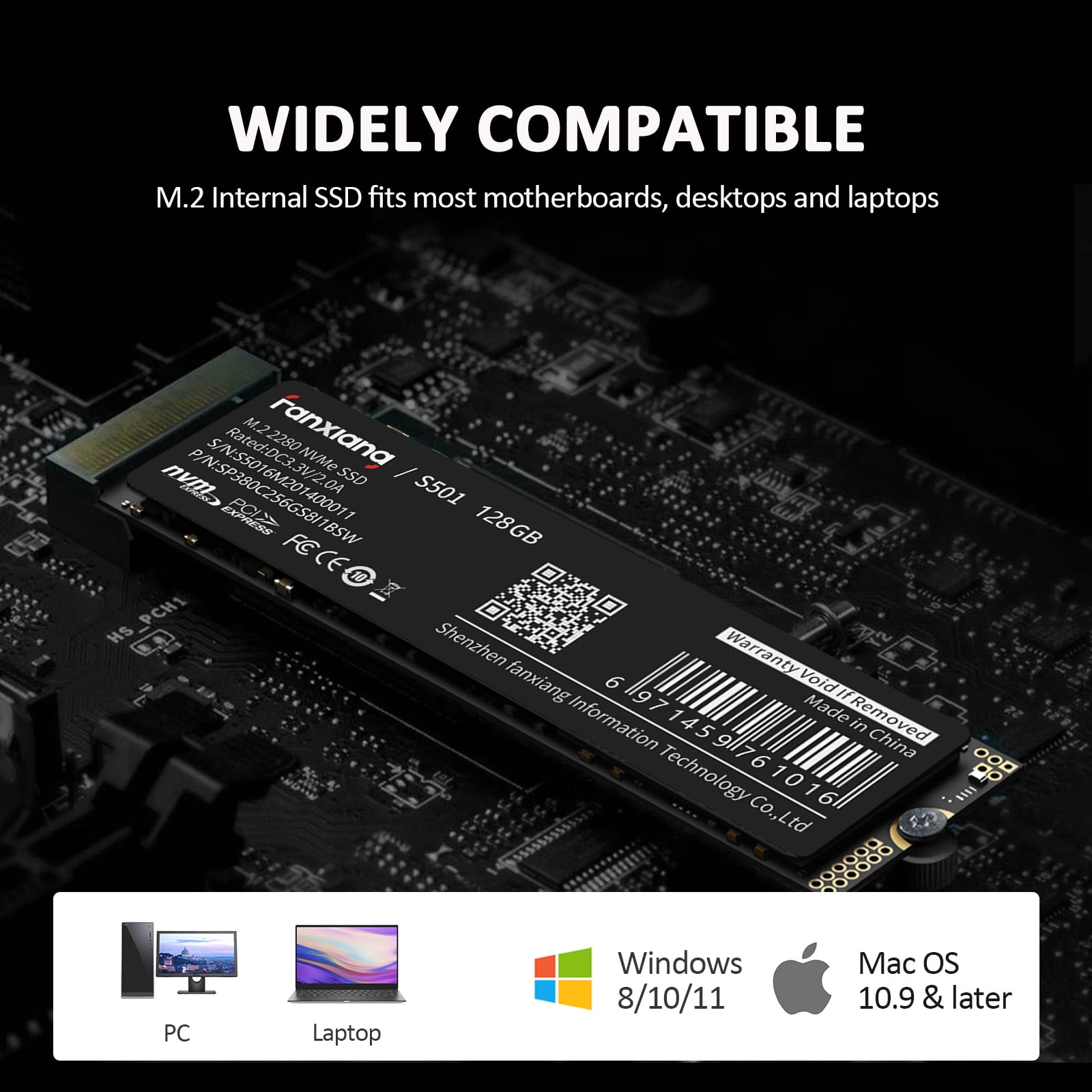 Fanxiang S501 128GB M.2 2280 PCIe Gen3 x4 NVMe SSD, 3D NAND Internal Solid State Drive Up to 1100MB/s for Laptop Desktop