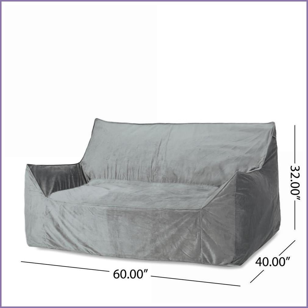 Fila Oversized 2-Seater Velveteen Bean Bag Chair with Armrests for Adults, Gray | Velvet | Curved