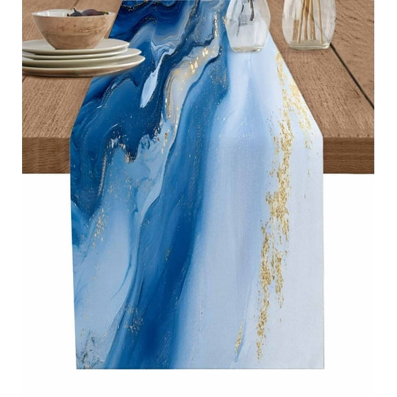 Blue Marble Table Runner-Cotton Linen- 36 Inch Holiday Dresser Scarves, Abstract Waves Gradient Golden Stripes Tablerunner for Kitchen Coffee/Dining Bedroom Home Living Room Dinner Scarf Décor 13x36