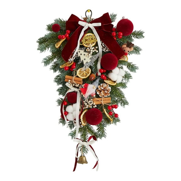 Christmas Swags for Outdoor Decorating, Winter Teardrop Swag with Pine Cones Red Bow Berry Christmas Ball, Artificial Christmas Pine Branch Garland for Front Door Indoor Outdoor Wall Hanging Decor