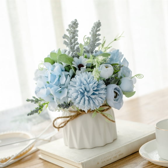Zhuge Wedding Table Centerpieces, Artificial Faux Silk Flowers with Vase for Decoration, Blue A