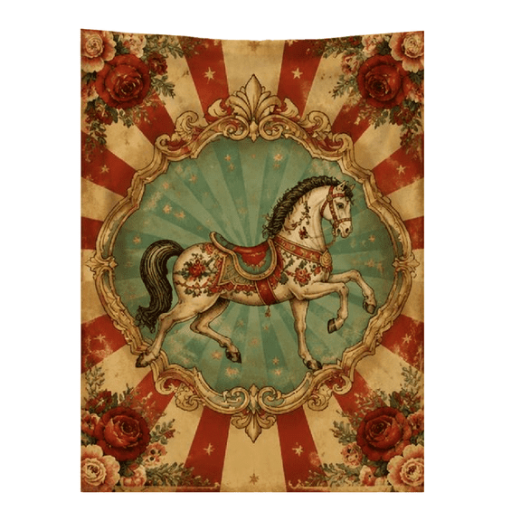 Soft and washable flannel blanket with vintage circus carousel horse, ornate floral roses, and radial stripe pattern, cozy and warm, ideal for living room or gifting.