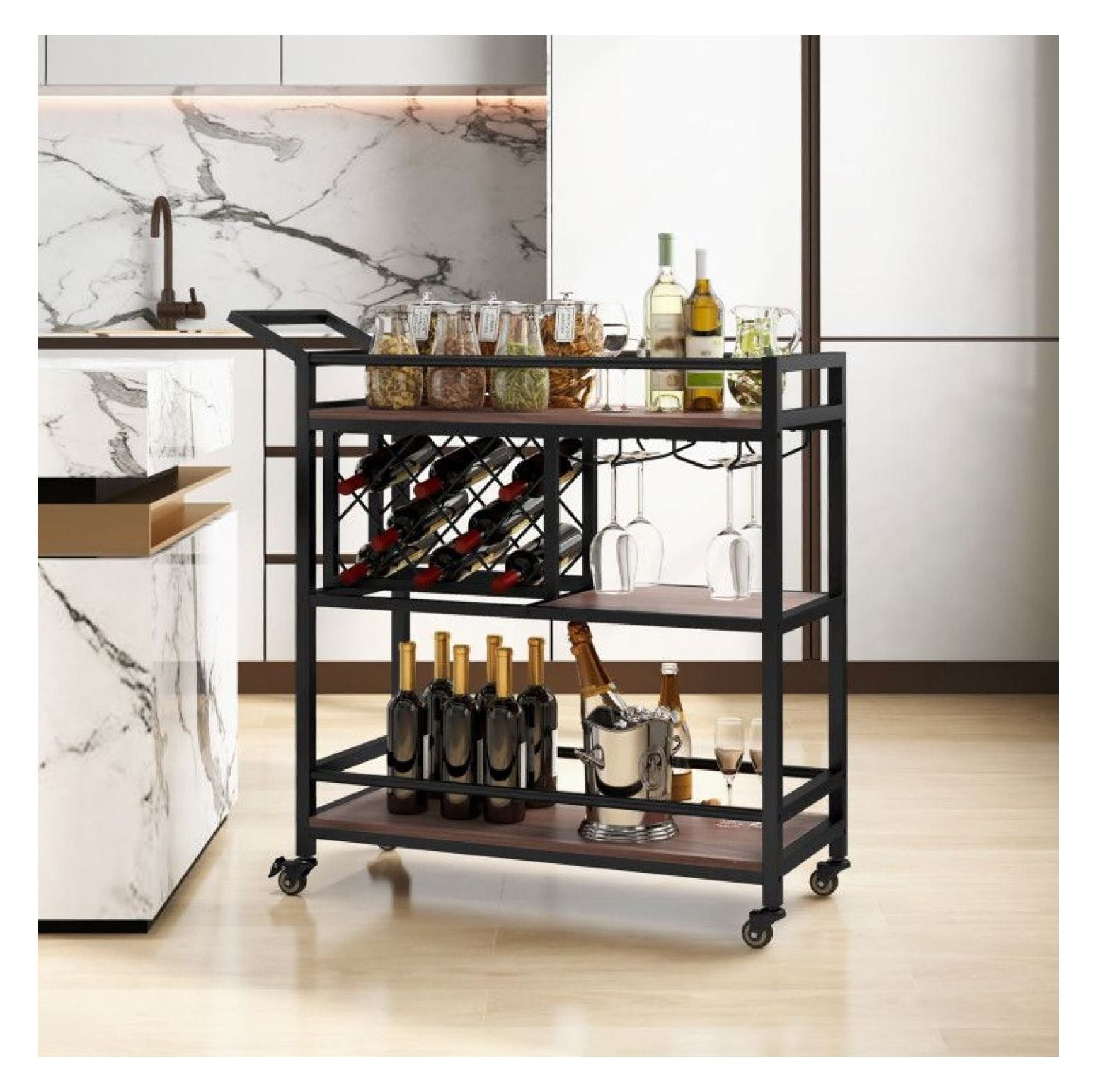 Linon Lawsonia 2-Tier Mid-Century Mobile Bar Cart with Mirrored