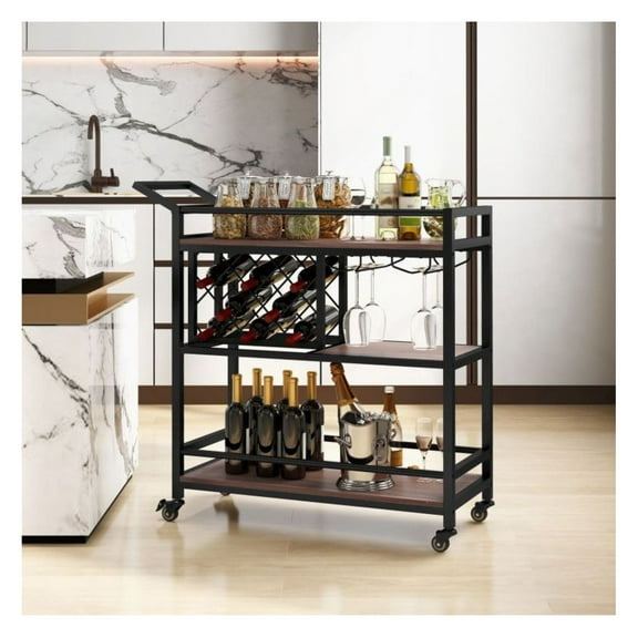 FASCK 3-Tier Bar Cart on Wheels with Wine Rack & Glasses Holder, Mobile Home Kitchen Serving Cart, Portable Bar Station for Parties, Entertaining, Dining