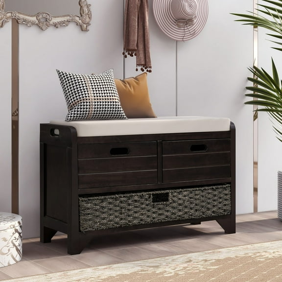 Storage Bench, Shoe Bench with Removable Basket and 2 Drawers, Entryway Bench with Removable Padded Seat Cushion, Fully Assembled Shoe Bench with Storage for Entryway, Living Room, Bedroom, Espresso