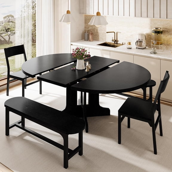 5-Piece Round Dining Table Set for 4-6,59" Extendable Dining Room Table Set with 2 Ergonomic Chairs & 2 Benches,Oval Modern Kitchen Table with Metal Frame & MDF Board,Space-Saving,Black