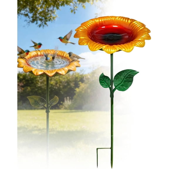 Metal Sunflower Bird Bath with Stake, Small Outdoor Water Feeder for Wild Birds, Garden Patio Yard Lawn Decor