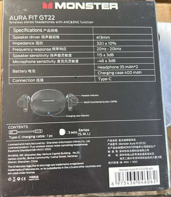 Monster Aura Fit GT22 True Wireless Earphones Black