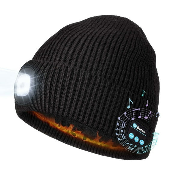 CENSGO Warm Fleece Lined Bluetooth LED Beanie, Mens Stocking Cap with Light and Speaker Mic Cordless Headphones, Christmas Hat Stuffers for Men Dad (Black)