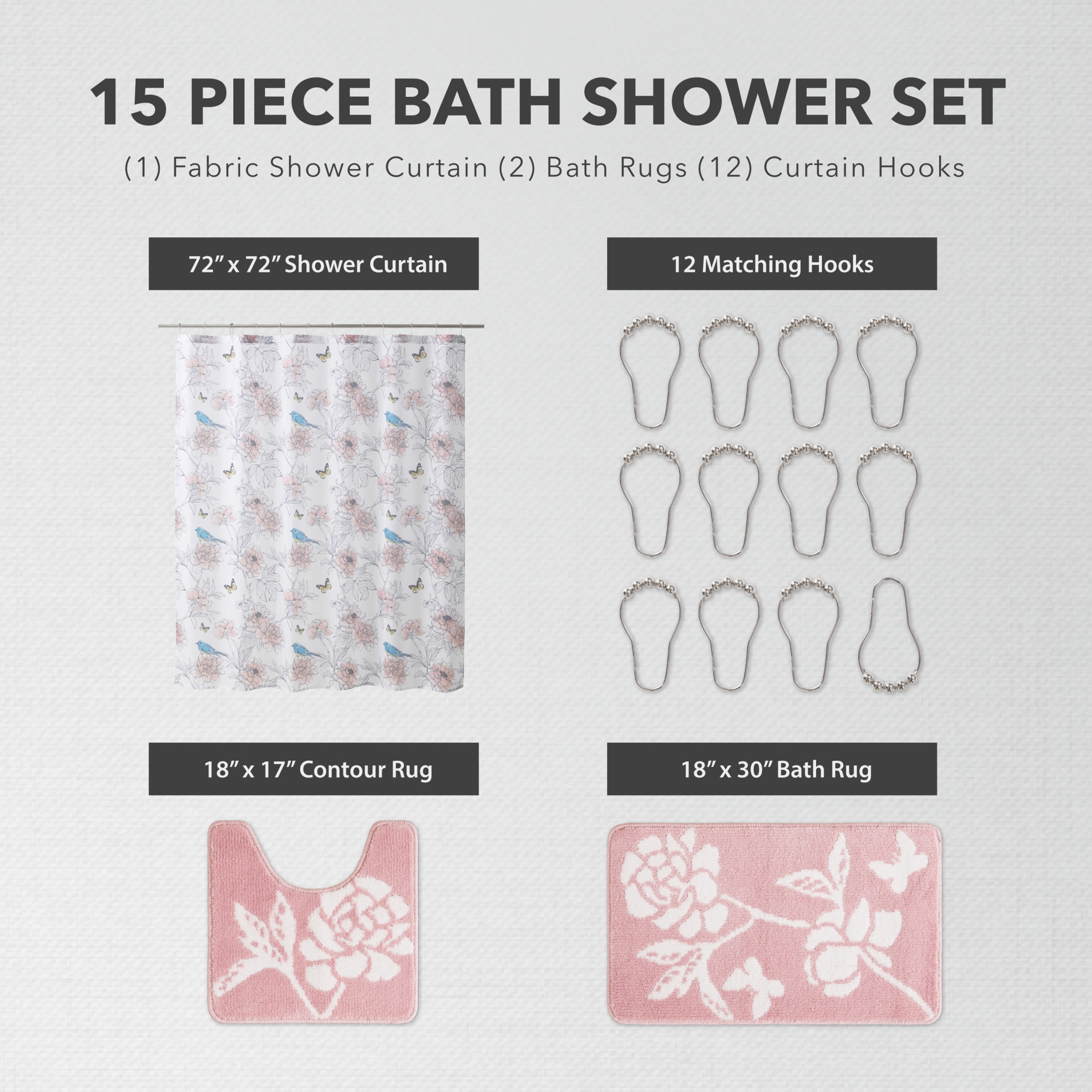 CHI Summer Bird Shower Curtain with Hooks and Rugs Modern Washable 72" W x 72" L 15-Piece Set