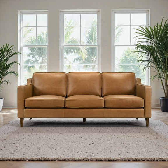 Modern Tan Leather Sofa with Solid Wood Frame (220×80×75cm) for Living Room