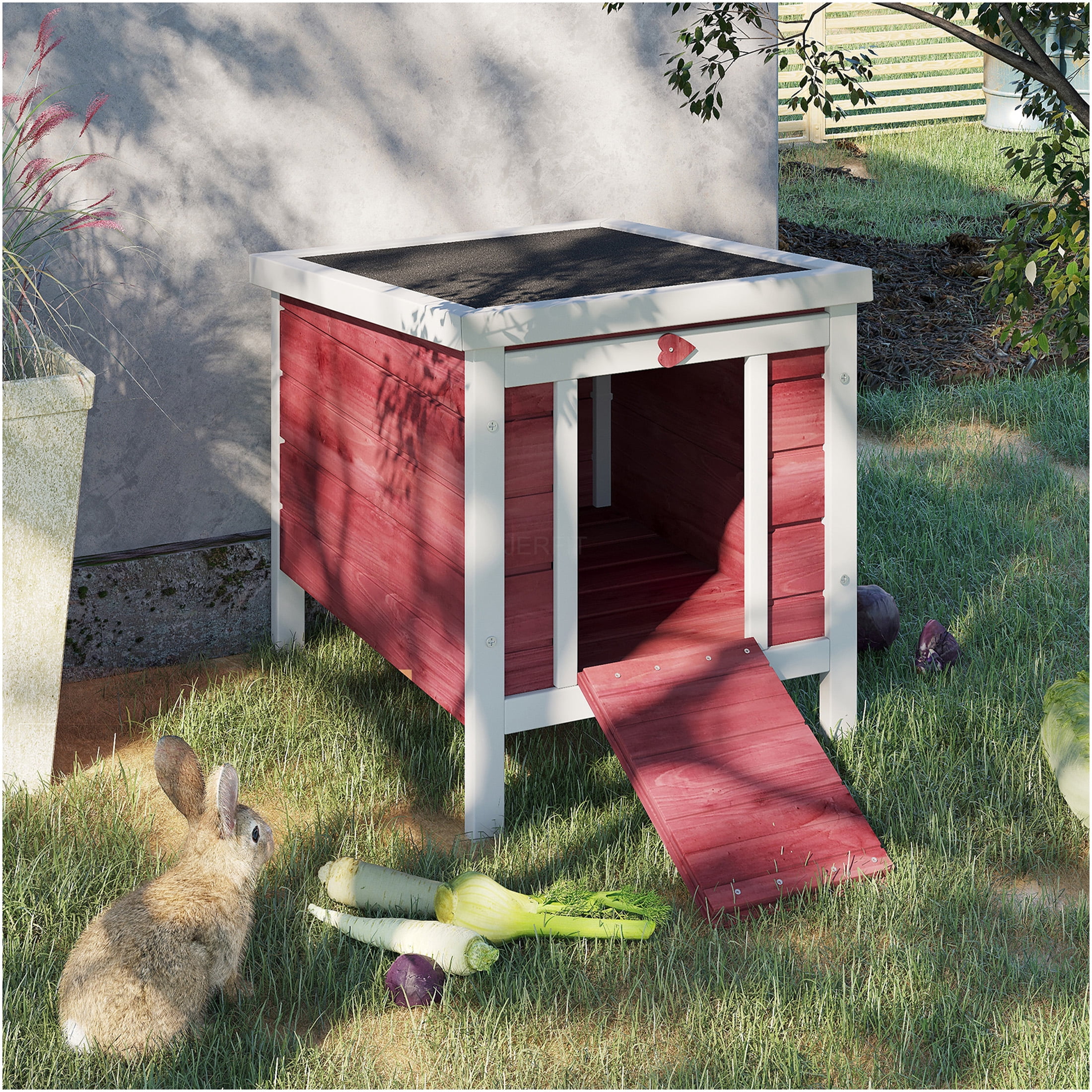 JERFIT Outdoor Rabbit Hutch with Waterproof Asphalt Roof, Small Animal Cage Wooden House with Ramp for Rabbits, Guinea Pigs, Ducks, Pets
