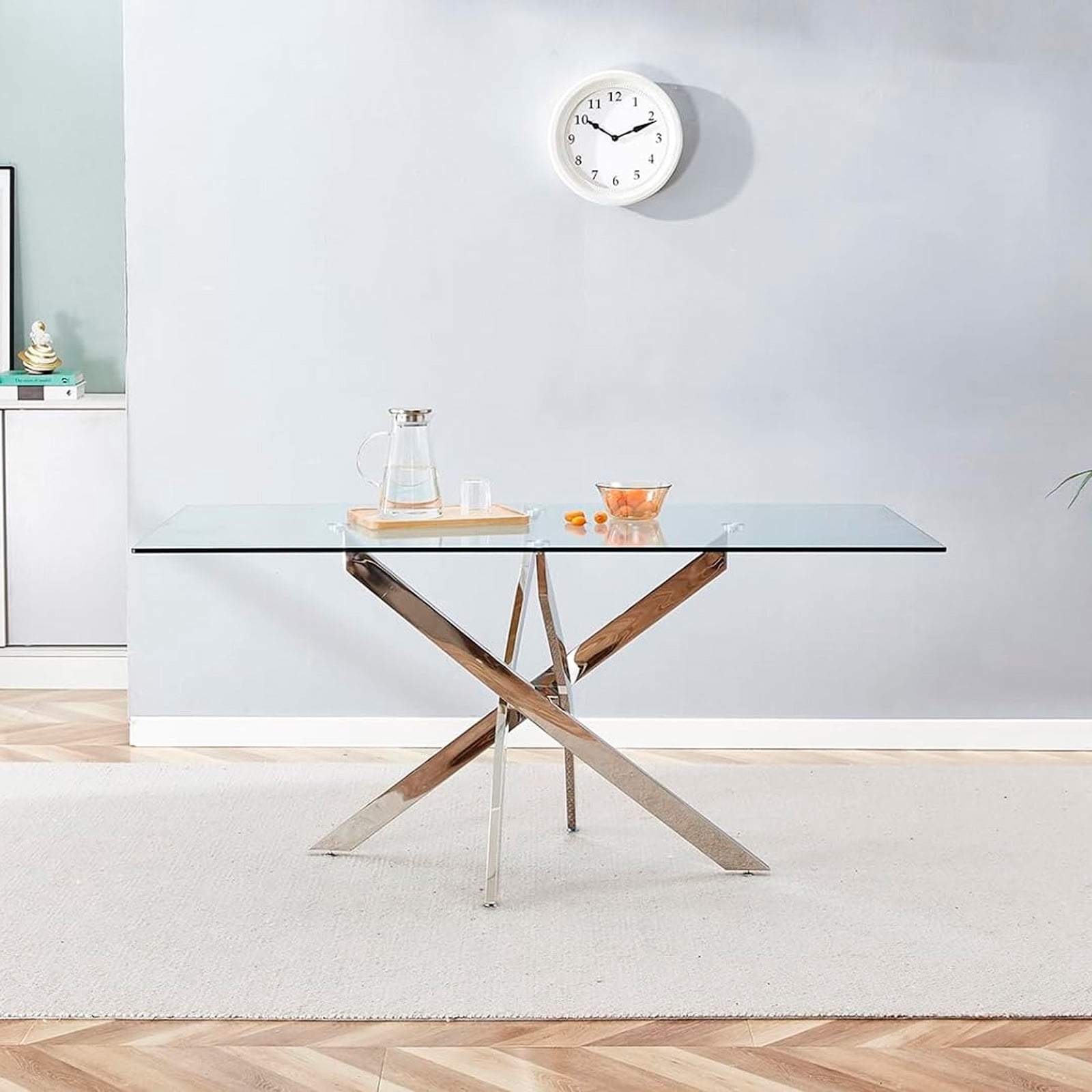 Heavenly Collection Silver Rectangular Tempered Glass Dining Table with Cross Metal Base for Dining Room or Kitchen