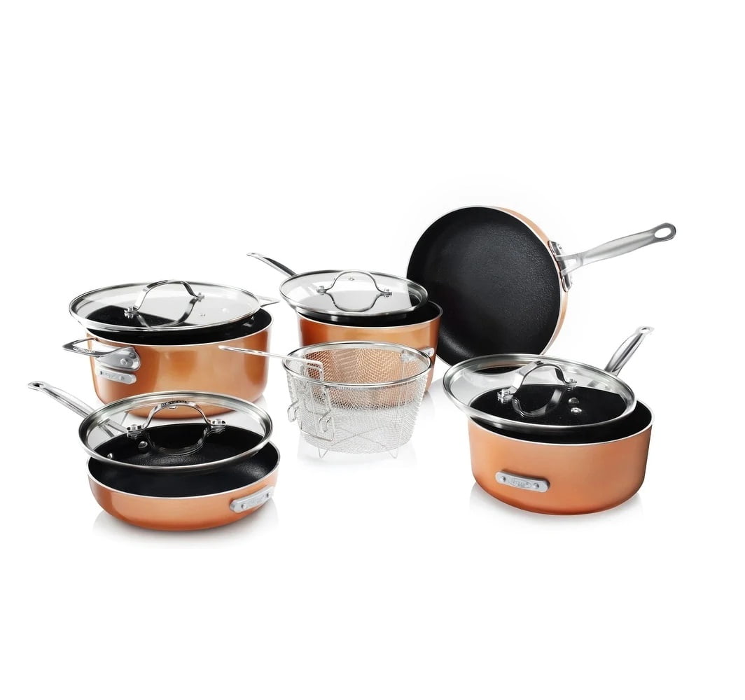 Gotham Steel Copper Cast Stackmaster Pots and Pans Set, 10 Piece Stackable Cookware with Nonstick Cast Texture Coating, Includes Frying Basket, Fry Pans, Saucepans, Stock Pots and More