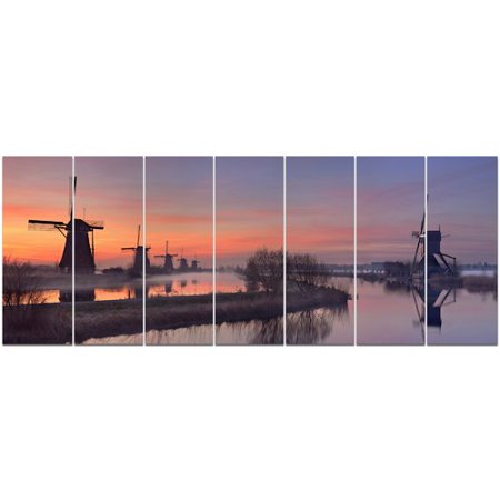 Orange Windmill - Design Art 'Windmills at Sunrise Panorama' Photographic Print Multi-Piece Image on Canvas