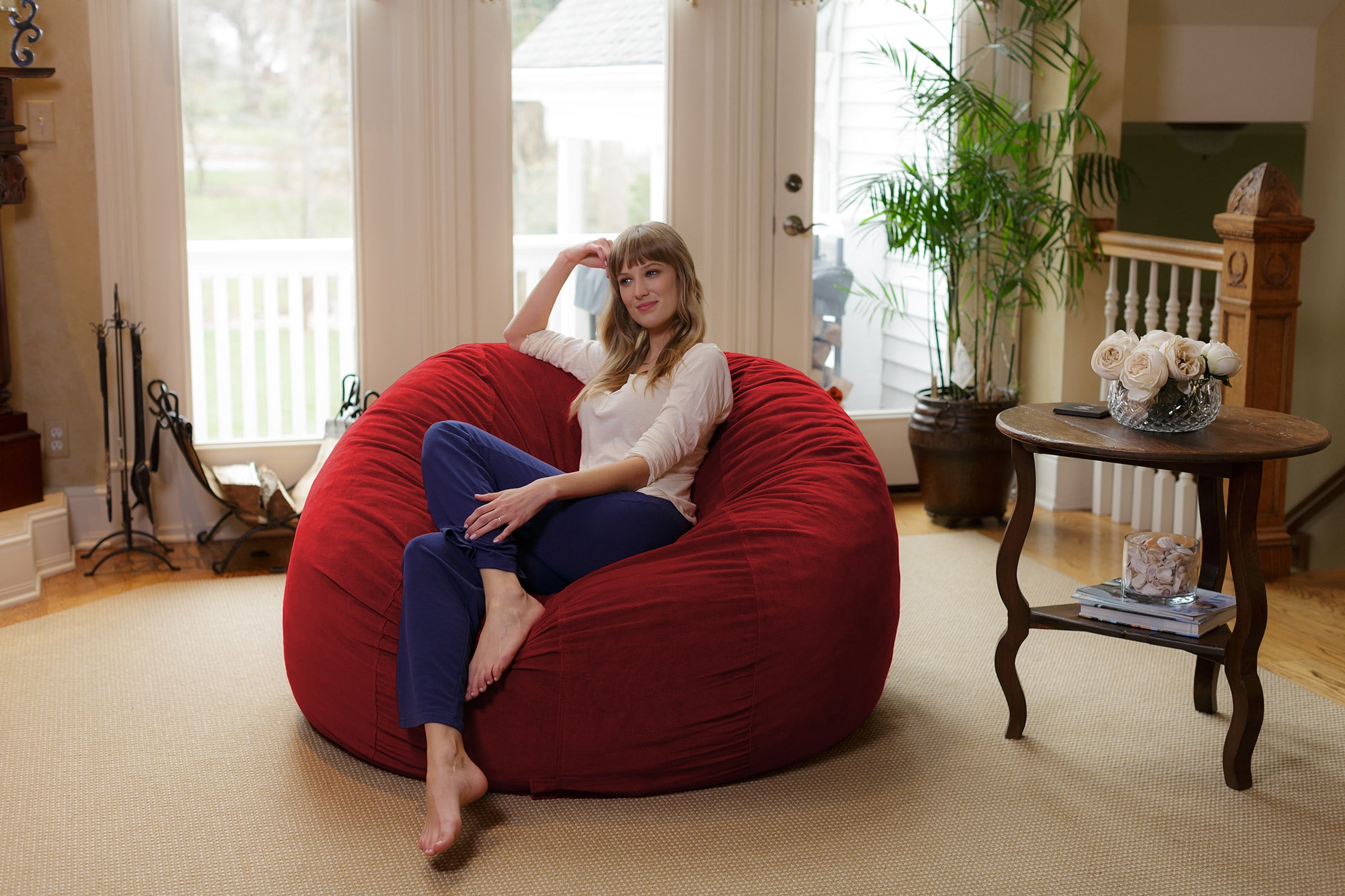 Chill Sack Bean Bag Chair, Memory Foam Lounger with Microsuede Cover, Kids, Adults, 6 ft, Pebble Red