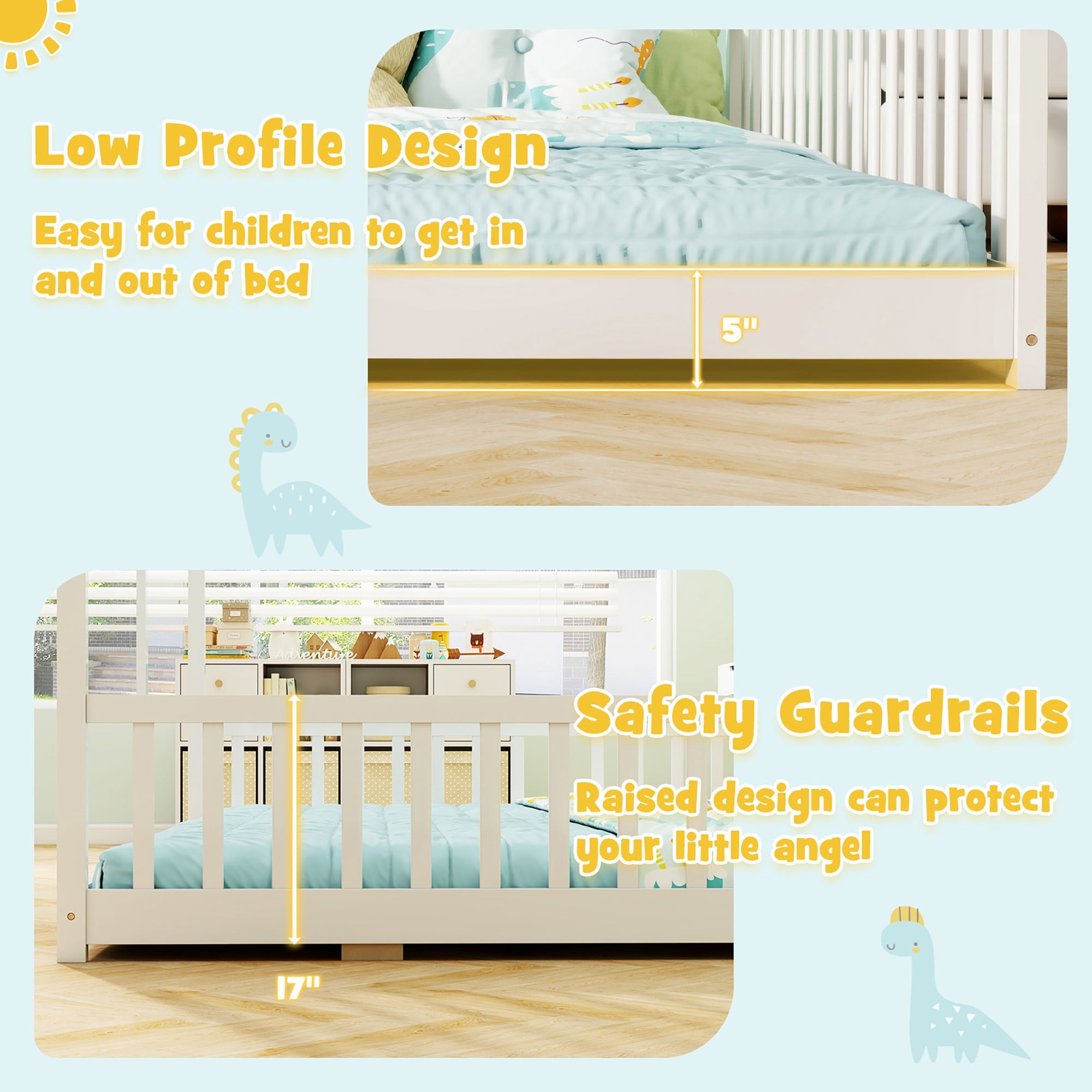 Gymax Double Floor Bed w/ Safety Guardrails No Box Spring Needed for Teens Boys Girls White
