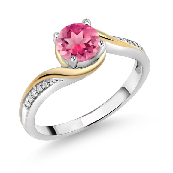 Gem Stone King 925 Silver and 10K Yellow Gold Ring Round Pink Mystic Topaz and Moissanite (1.55 Cttw, Size 6)
