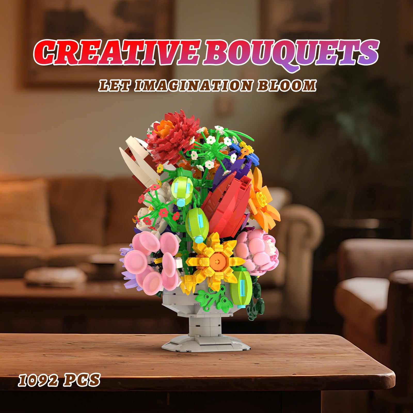 Honchoes Flowers Bouquet Building Set Compatible with Lego Botanical Home Decor Toy for Adults Boys Girls 1092Pcs