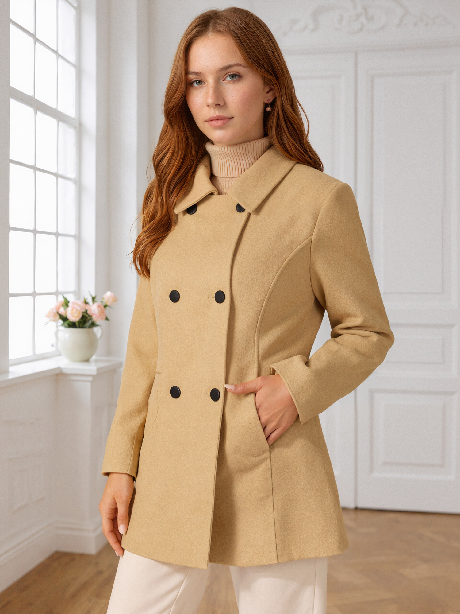 DARING DIVA Women's Double Breasted Long Sleeves Button Down Winter Peacoat XL Khaki