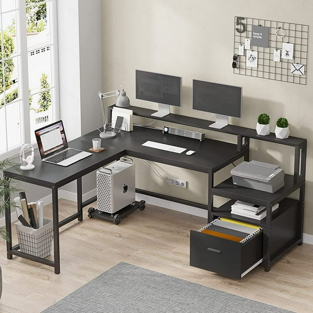 L Shape Computer Corner Desk with File Drawer, with Storage Shelves