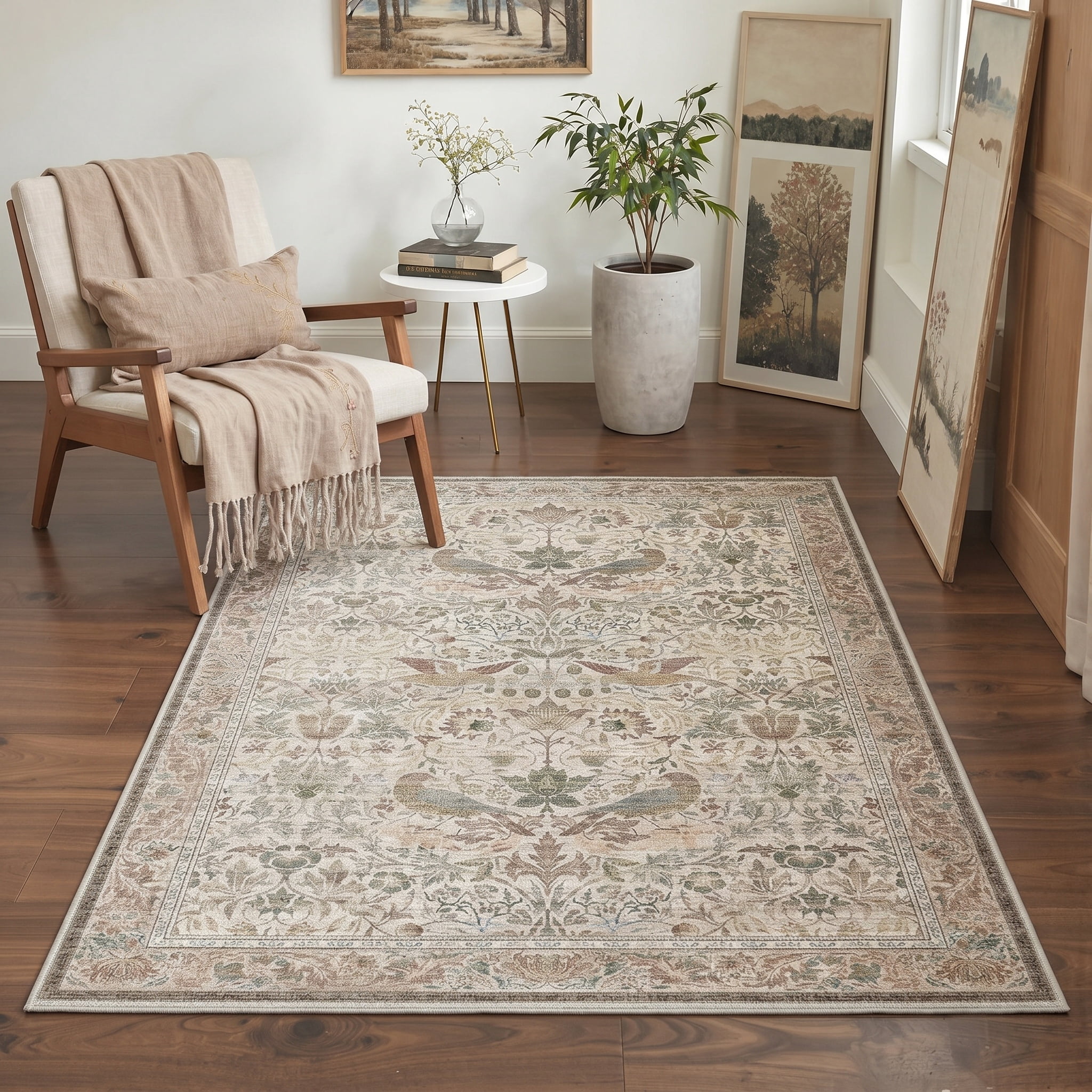 KUETH 8'x10' Vintage Floral Area Rugs for Living Room, Non Slip Machine Washable Forest Bird Rug, Low Pile Print Rug for Bedroom Dining Room Home Office