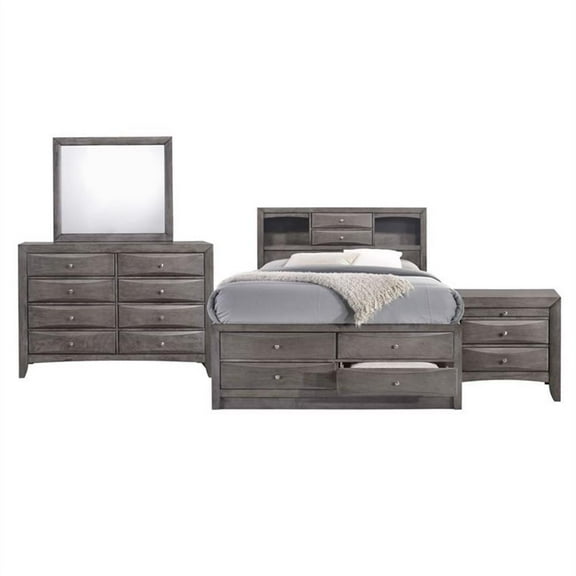 Pemberly Row Contemporary Wood King Storage 4 Piece Bedroom Set in Gray