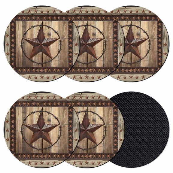 Western Farmhouse Coasters Set of 6, Primitive Rustic Country Retro Texas Star Absorbent Coasters for Drinks, Coaster for Bar Office Dining Coffee Table Accessories Decor, Non Slip Round Desk Coaster