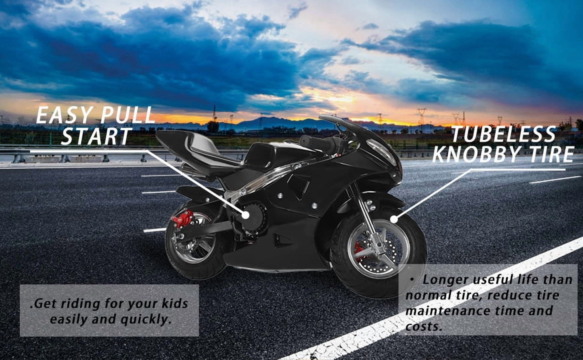 Korogimeeet Youth Black Pocket Bike 49cc 2-Stroke, Gas Powered Mini Motorcycle with Dual Headlights, Disc Brakes, Pull Start, 170 lb Weight Capacity, 20 Miles Per Tank, 40 x 21 x 23 Inch