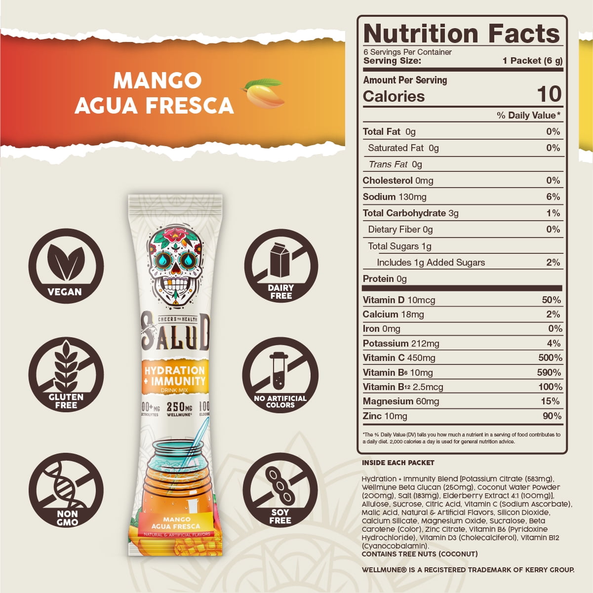 (3 pack) Taste Salud, Hydration + Immunity Drink Mix, Mango, 1.27 oz