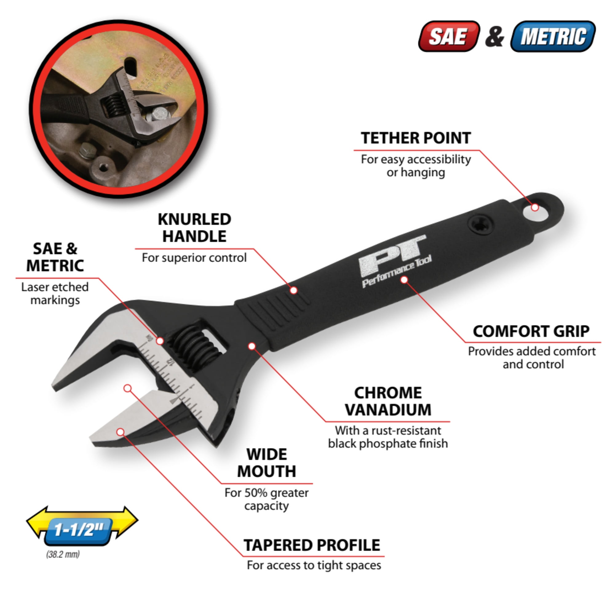 Performance Tool W30622 8 Inch Wide Mouth Adjustable Wrench: 1-1/2-in Jaw Capacity, Chrome Vanadium Steel, Ergonomic Molded Grip, Black Phosphate Finish, SAE/Metric, For Auto, Home, Black