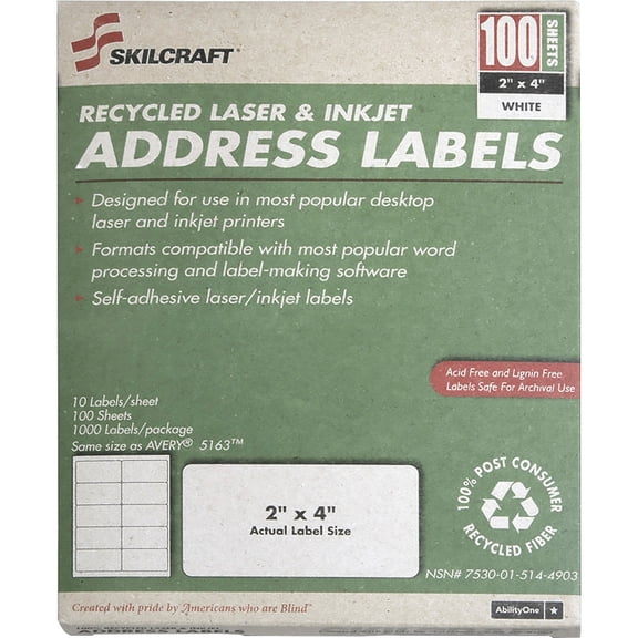 SKILCRAFT, NSN5144904, 1" Recycled Laser/Inkjet Address Labels, 1 / Box, White