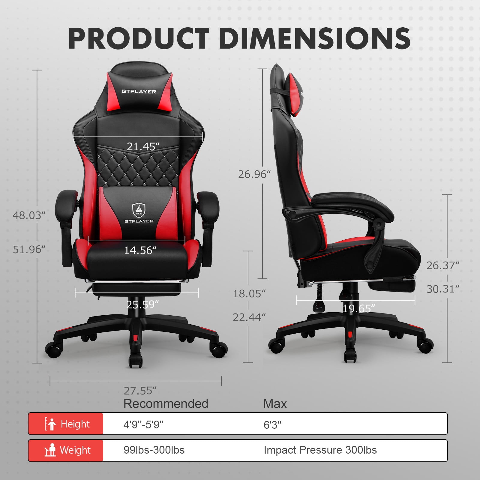 GTPLAYER High Back Faux Leather Adjustable Height Gaming Computer, Red