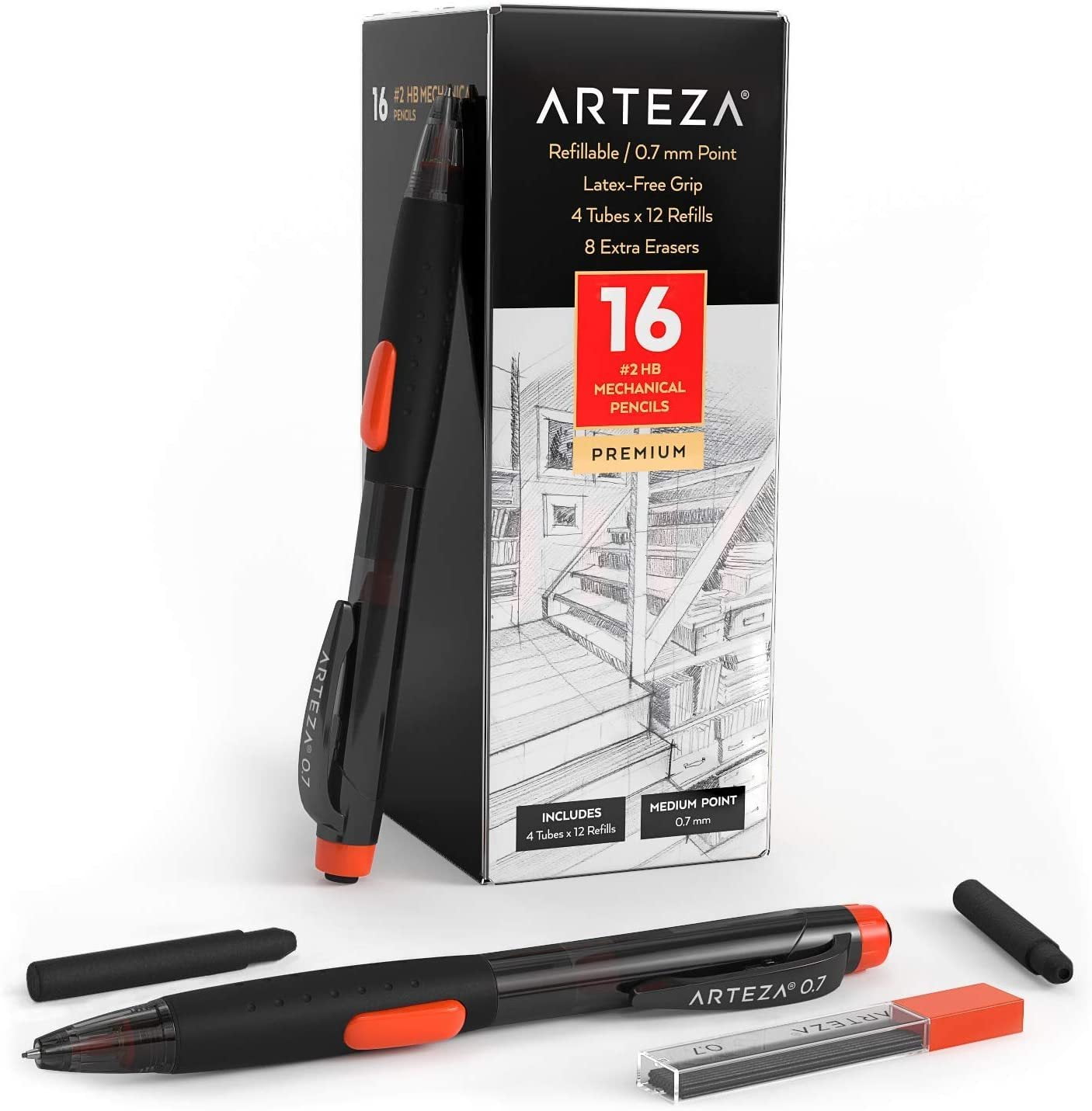 Arteza Box of #2 HB Mechanical Pencils with Refills and Erasers, 0.7mm, Number 2 Bulk Pencil School Supply - 16 Pack