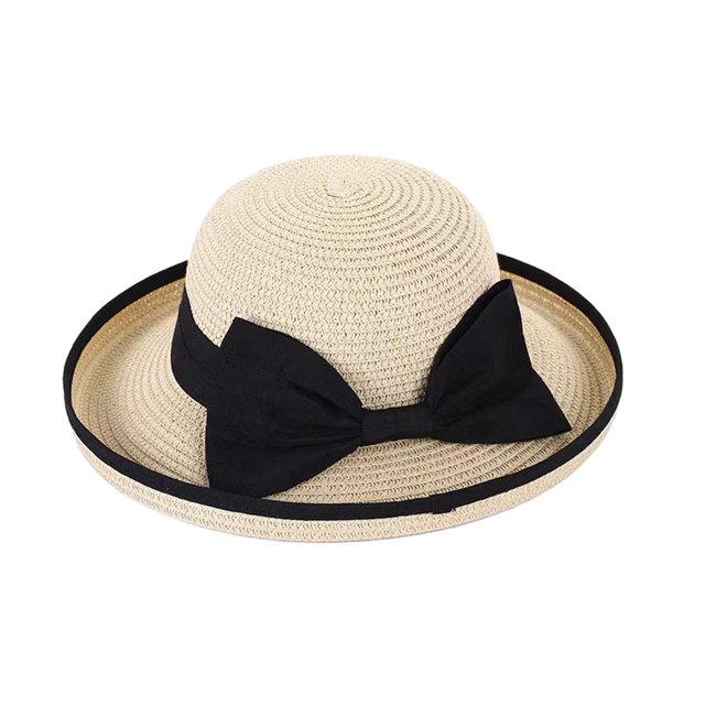 Sombrero tipo pescador con ala ancha ondulada de encaje y protección solar, decorado con un lazo de cinta.