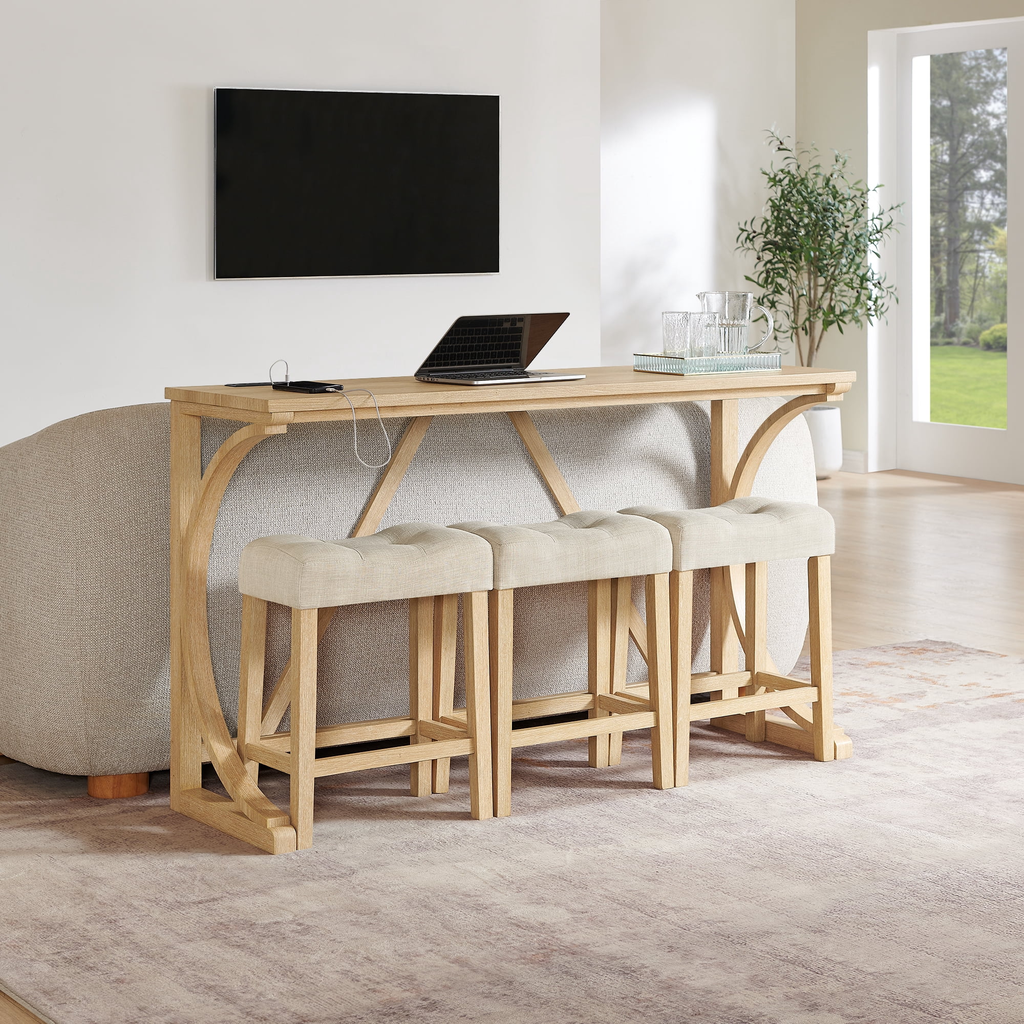 Dining Table, Bar Table Set&nbsp;with Built-In USB/Type-C/AC Power Outlets, Includes 3 Linen Upholstered Stools, Solid Wood Frame Set for Kitchen, 59 Inch Light Oak